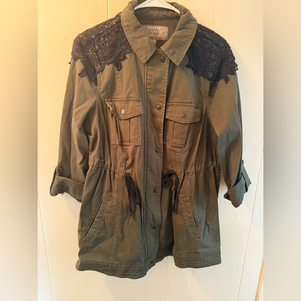 Torrid Olive Utility Jacket with Black Lace Accents
